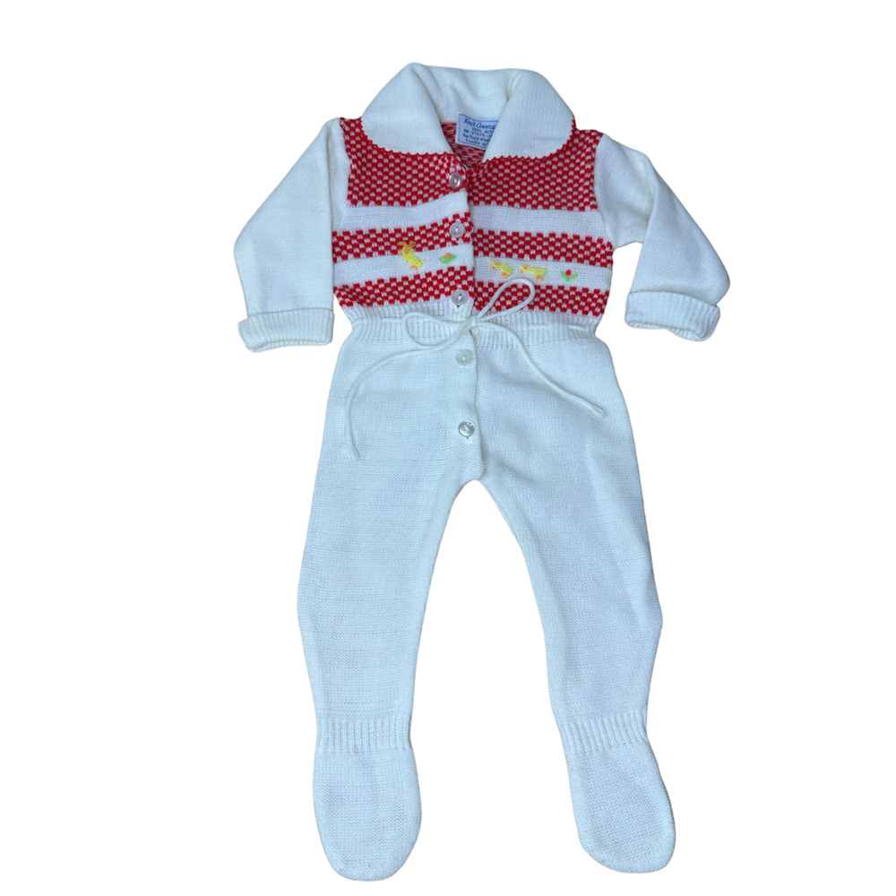 Vintage Baby Knit Coverall White Red Romper Footed‎ Acrylic Japan 1970s Infant